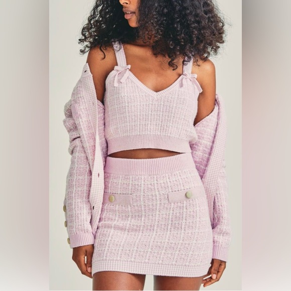 LoveShackFancy ๐ธ Callington Knitted Checkered Pencil Mini Skirt in Pink Winds - Picture 7 of 10